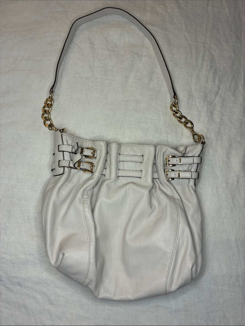 Michael Kors Edie Large Ivory Leather Double Belted Shoulder Bag